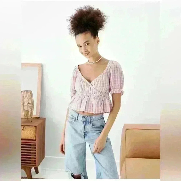 American Eagle Size Xs Wrap Babydoll Blouse Checkered Pink Cottage Linen Peasant - Picture 1 of 8